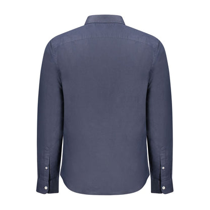 Alt Tag: Back view of Timberland Blue Cotton Shirt, long-sleeved, slim fit with button-down collar and cuffs, featuring logo embroidery.