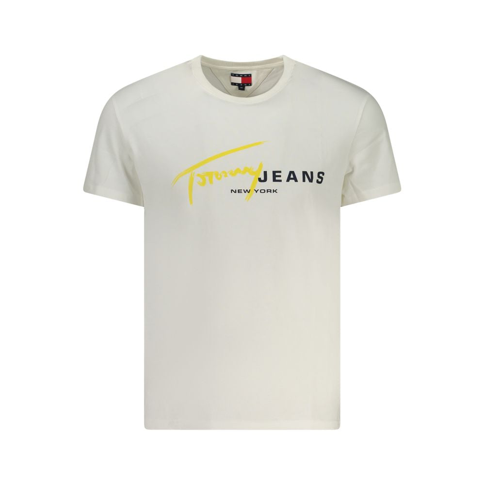 Tommy Hilfiger White Cotton Men T-Shirt with logo on front, made of 95% regenerative cotton, showcases responsible fashion for modern trendsetters.