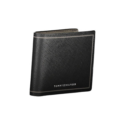 Tommy Hilfiger Black Leather Wallet with 2 compartments, coin purse, and card spaces featuring contrast details and logo.