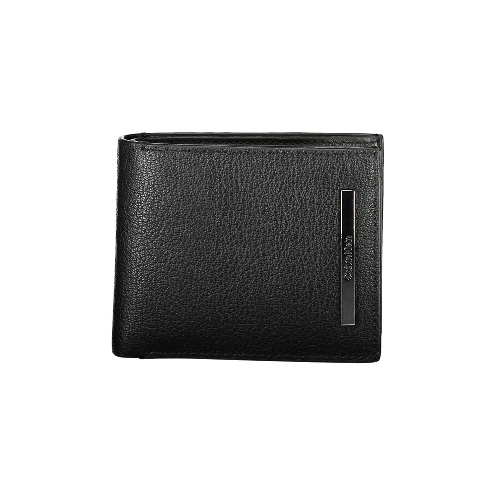 Calvin Klein Black Leather Wallet with RFID block, 2 compartments, coin purse, and card spaces.