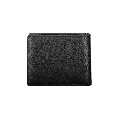 Calvin Klein Black Leather Wallet with RFID block, card spaces, and coin purse. Elegant design with two compartments.