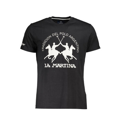 La Martina Black Cotton Men T-Shirt featuring logo and polo design on front for stylish casual wear.