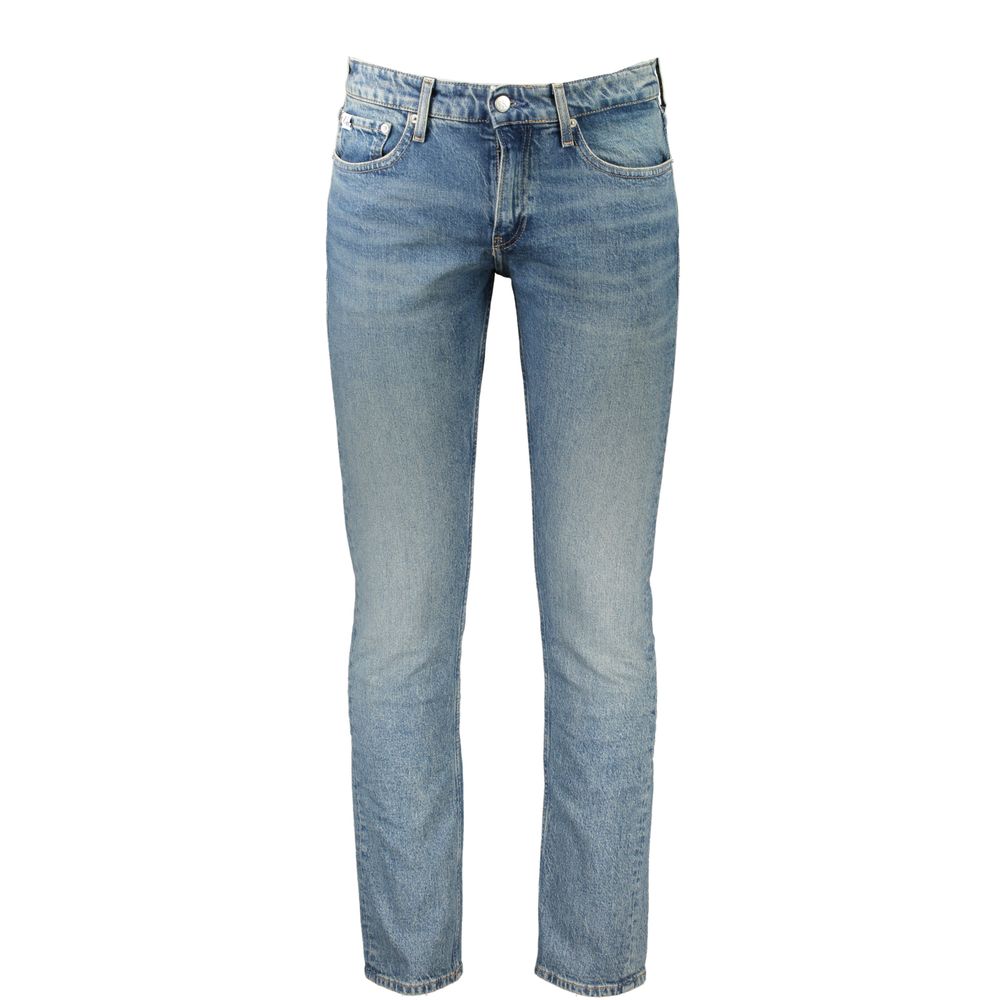 Calvin Klein Blue Cotton Men Jeans featuring slim-fit and 20% recycled cotton for sustainable style.