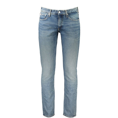 Calvin Klein Blue Cotton Men Jeans featuring slim-fit and 20% recycled cotton for sustainable style.