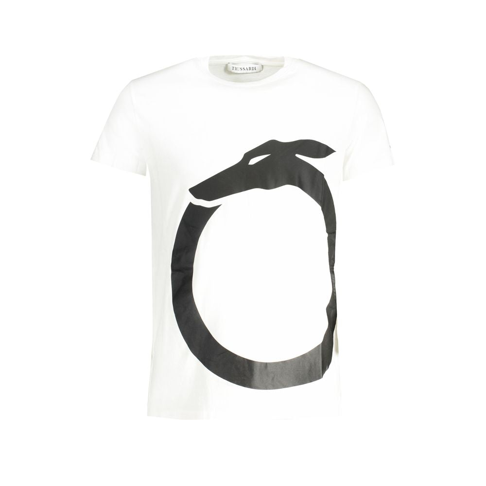 Trussardi White Cotton T-Shirt with crew neck and short sleeves, featuring a bold black logo print design.