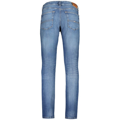 Back view of Tommy Hilfiger Blue Cotton Men Jeans with a slim fit and washed effect, showcasing a five-pocket design.