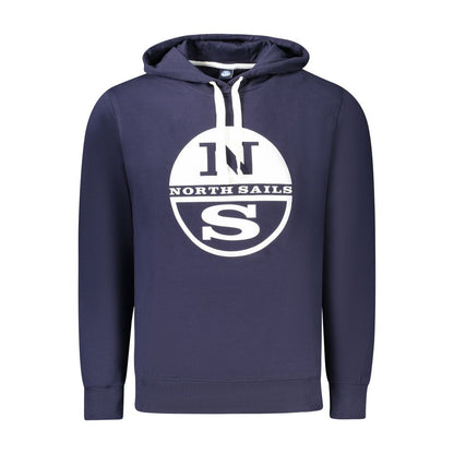 North Sails Blue Cotton Men Sweater with logo print, long sleeve, and hood, designed for comfort and style in breathable cotton fabric.