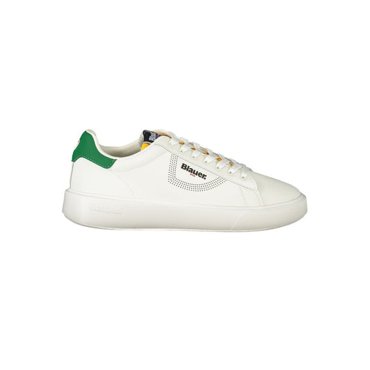 Blauer White Leather Men Sneaker with green accents and dynamic print, showcasing trendy and sophisticated street style.