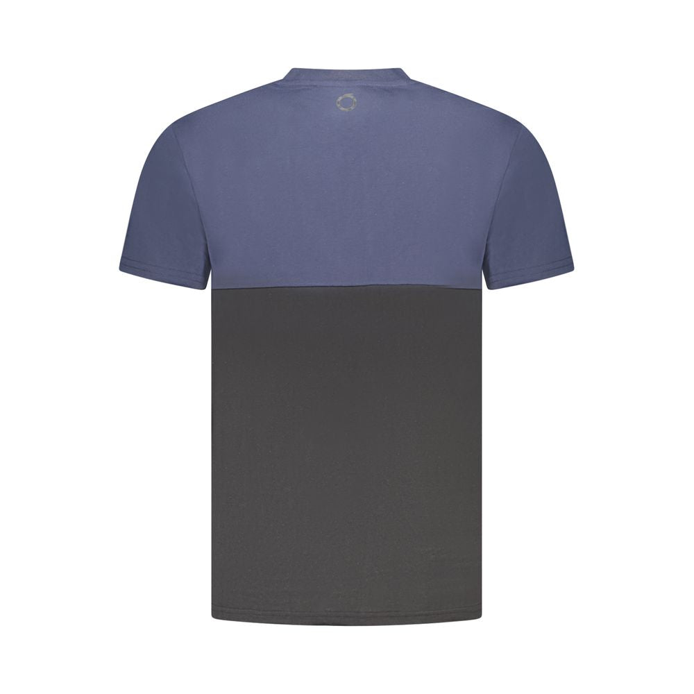 Trussardi Blue Cotton Men T-Shirt featuring two-tone design with contrasting details and logo on back view.