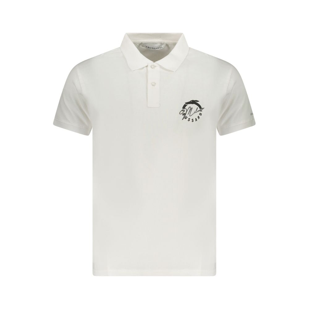 Trussardi White Cotton Men Polo Shirt with logo print and two-button placket, showcasing modern elegance and casual sophistication.