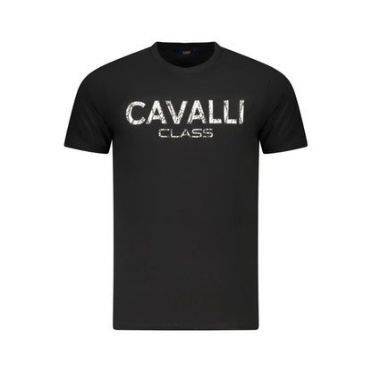 Cavalli Class Black Cotton Men T-Shirt with bold logo print showcasing premium style. Crafted for fashion-forward individuals. 100% cotton.