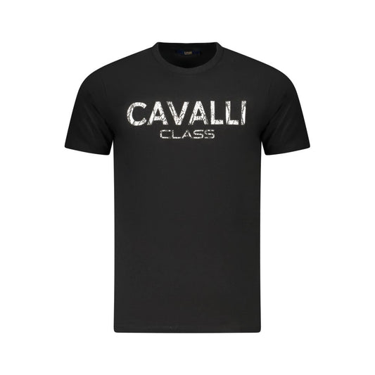 Cavalli Class Black Cotton Men T-Shirt with bold logo print showcasing premium style. Crafted for fashion-forward individuals. 100% cotton.