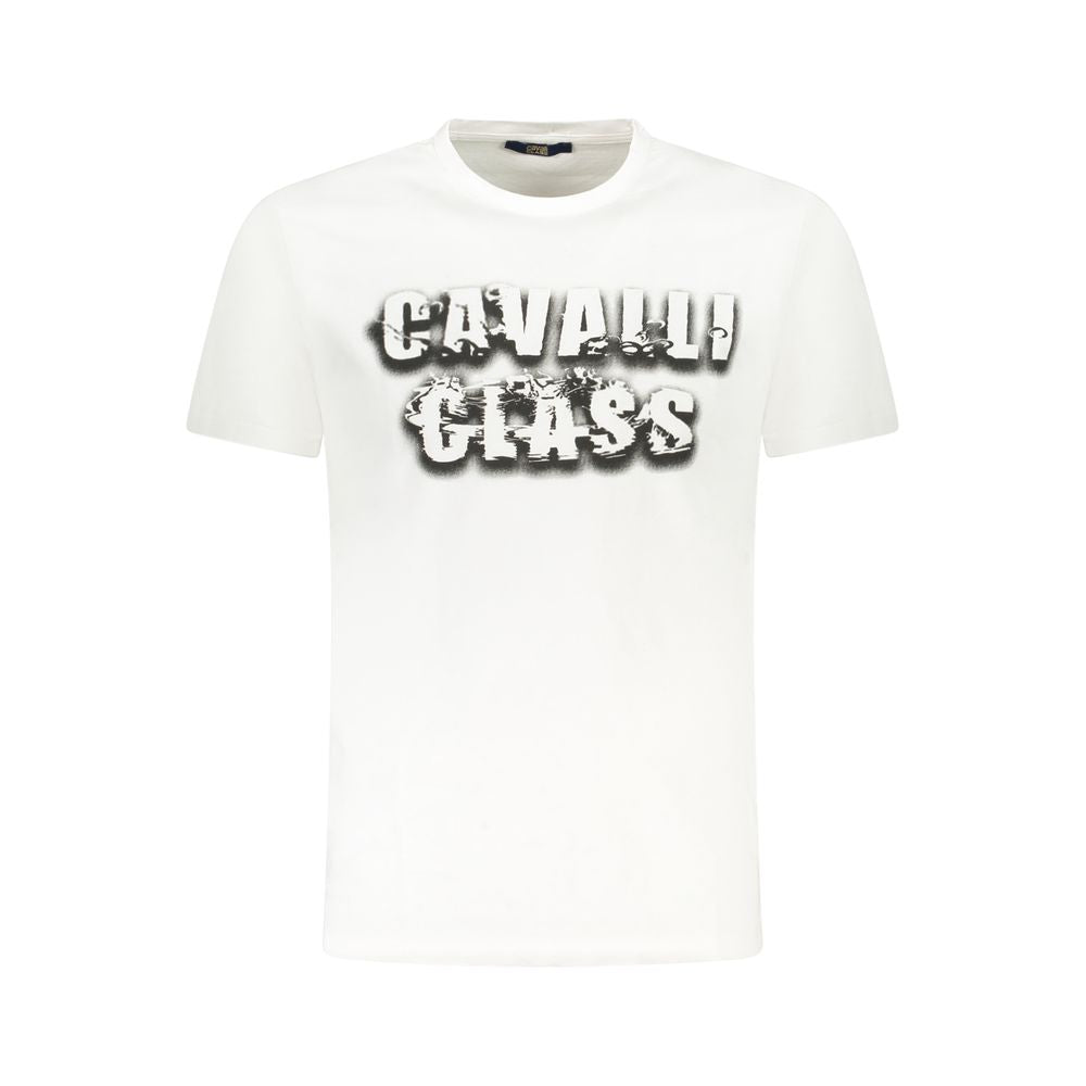 Cavalli Class White Cotton Men T-Shirt with bold print logo, casual luxury premium short-sleeve crew neck for stylish gentlemen.