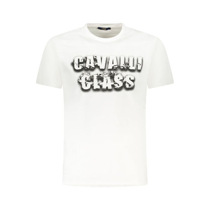 Cavalli Class White Cotton Men T-Shirt with bold print logo, casual luxury premium short-sleeve crew neck for stylish gentlemen.