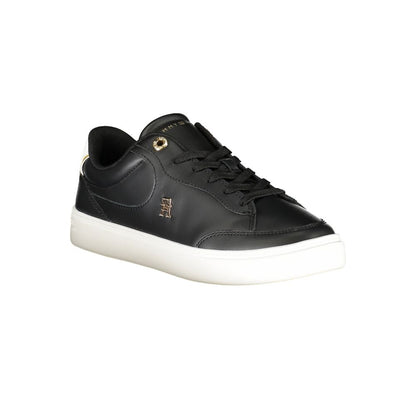 Tommy Hilfiger Black Leather Women Sneaker with iconic logo and contrasting details for stylish and comfortable wear.