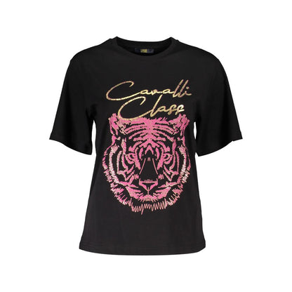 Cavalli Class Black Cotton Women Top with bold tiger print and logo on short sleeve t-shirt, epitomizing casual luxury and Italian style.