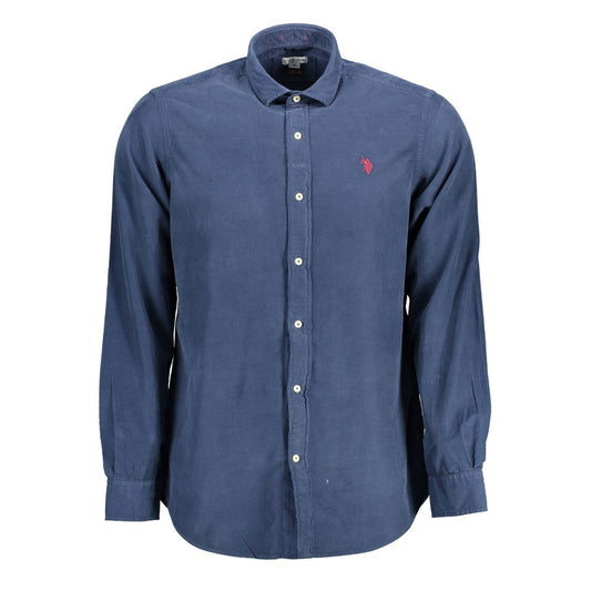 U.S. POLO ASSN. Blue Cotton Men Shirt with long sleeves, French collar, and embroidered logo, displaying classic sophisticated style.