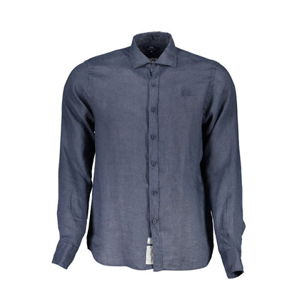 La Martina Blue Linen Men Shirt with French collar and embroidery