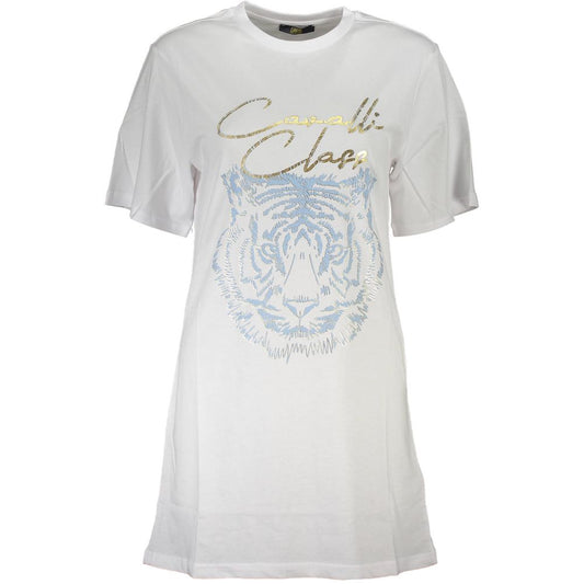 Cavalli Class White Cotton Women T-Shirt with tiger print, elegant design, and logo detailing, short-sleeve, comfort fit.
