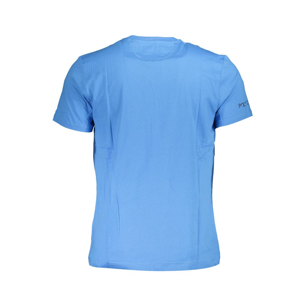La Martina Blue Cotton Men T-Shirt with short sleeves and crew neck, featuring striking print and logo for a bold, sophisticated look.