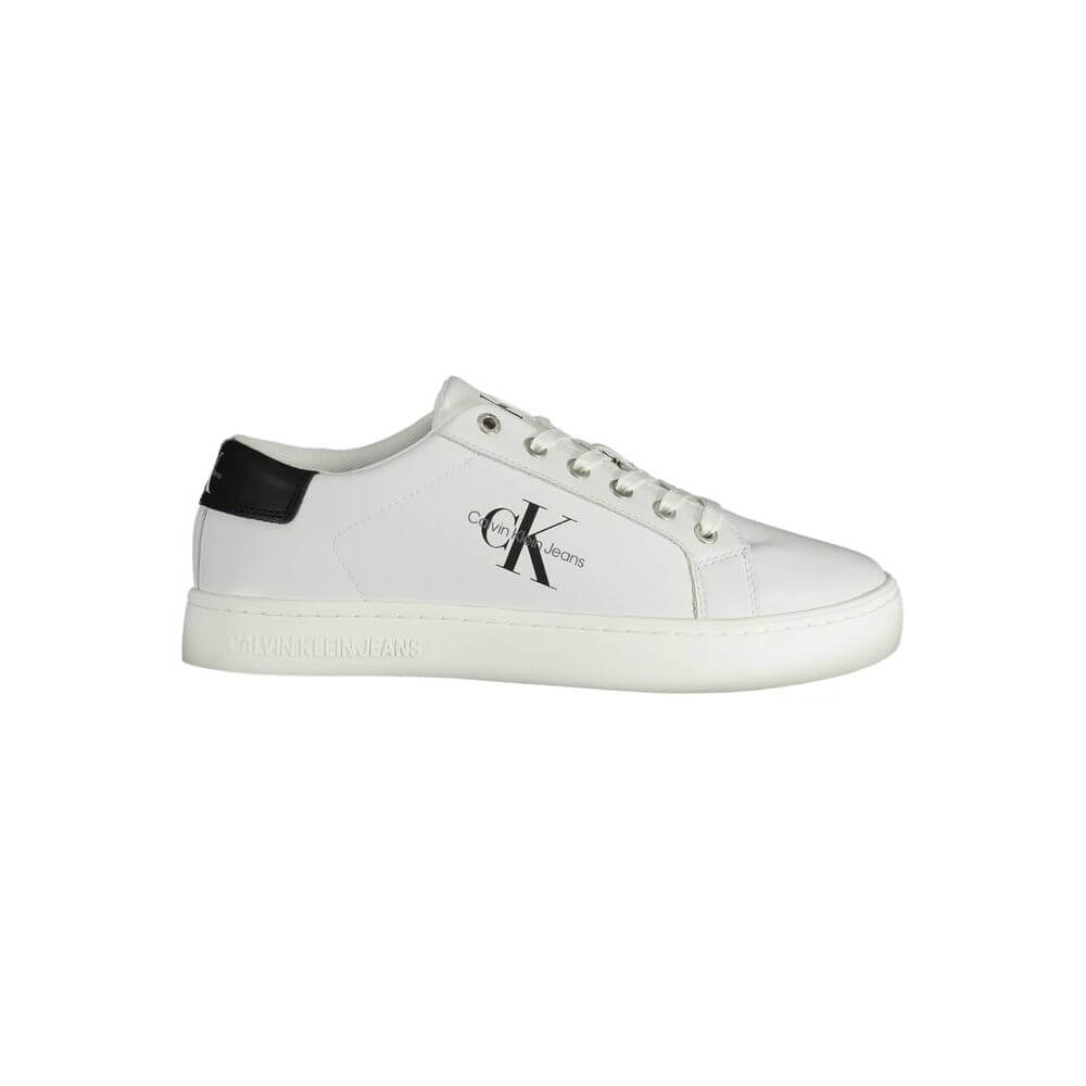 Calvin Klein White Recycled Polyester Men Sneaker with contrasting details and CK logo, made from 50% recycled materials.