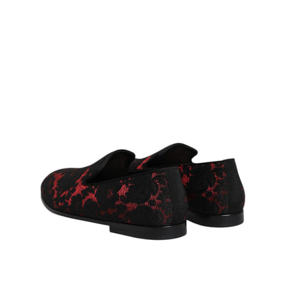 Dolce & Gabbana Red Black Jacquard Slip On Loafers Shoes