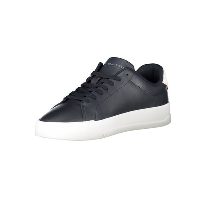 Tommy Hilfiger Blue Leather Men Sneaker with white details and logo emblem, showcasing sporty and sophisticated design.