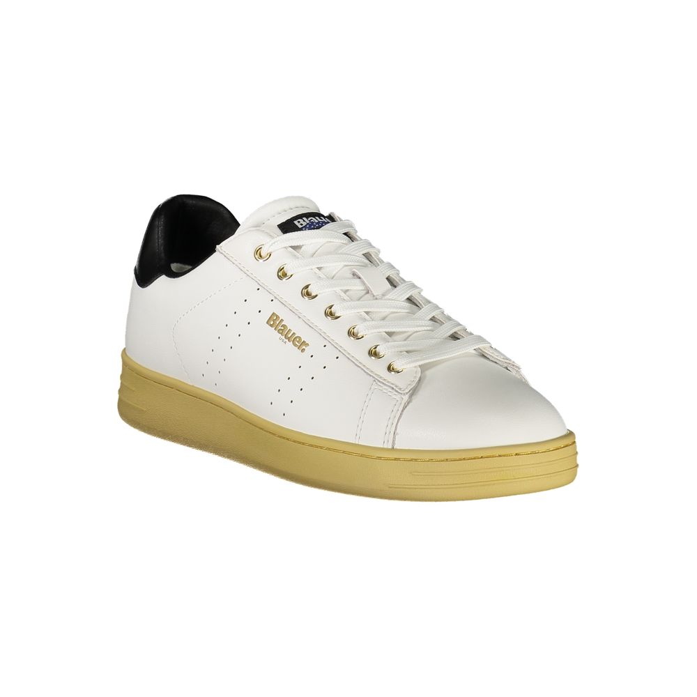 Blauer White Leather Men Sneaker with black accents and removable footbed for superior comfort and style.