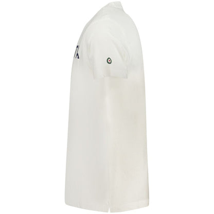 Side view of Armata Di Mare White Cotton Men T-Shirt featuring logo on sleeve, showcasing its elegant and stylish design.