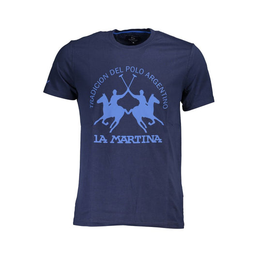 La Martina Blue Cotton Men T-Shirt with polo print and logo, short sleeve, crew neck, classic and stylish design for modern men.