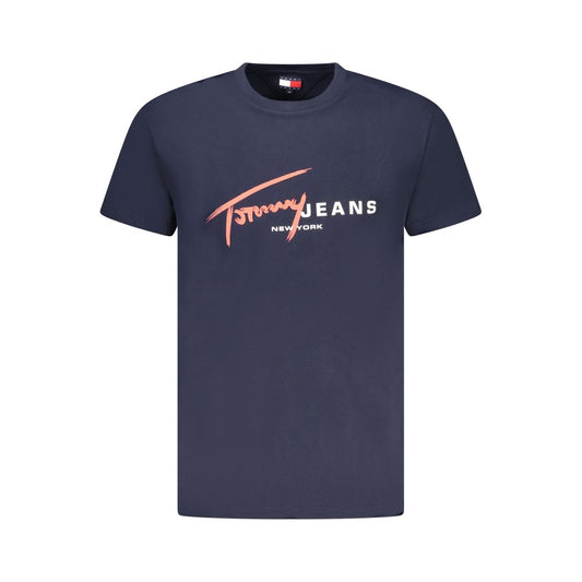 Tommy Hilfiger Blue Cotton Men T-Shirt featuring bold logo and crafted from 95% regenerative cotton, perfect for eco-conscious style.