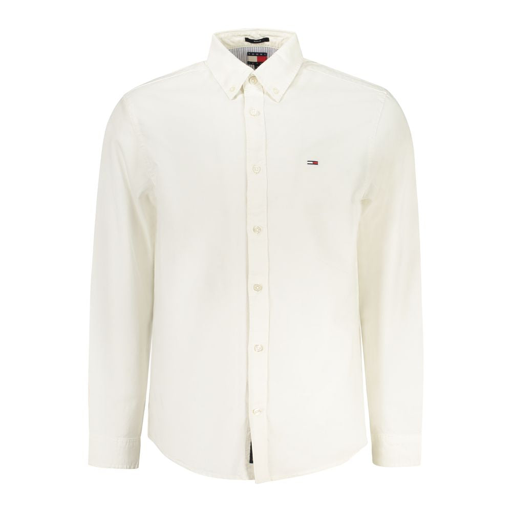 Alt Tag: Tommy Hilfiger White Cotton Men Shirt - Classic long sleeve design with button-down collar and iconic logo, regular fit for comfort.