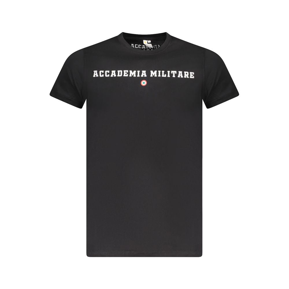 Accademia Militare Black Cotton T-Shirt with contrast logo print, short sleeves, and crew neck design.