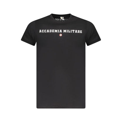 Accademia Militare Black Cotton T-Shirt with contrast logo print, short sleeves, and crew neck design.