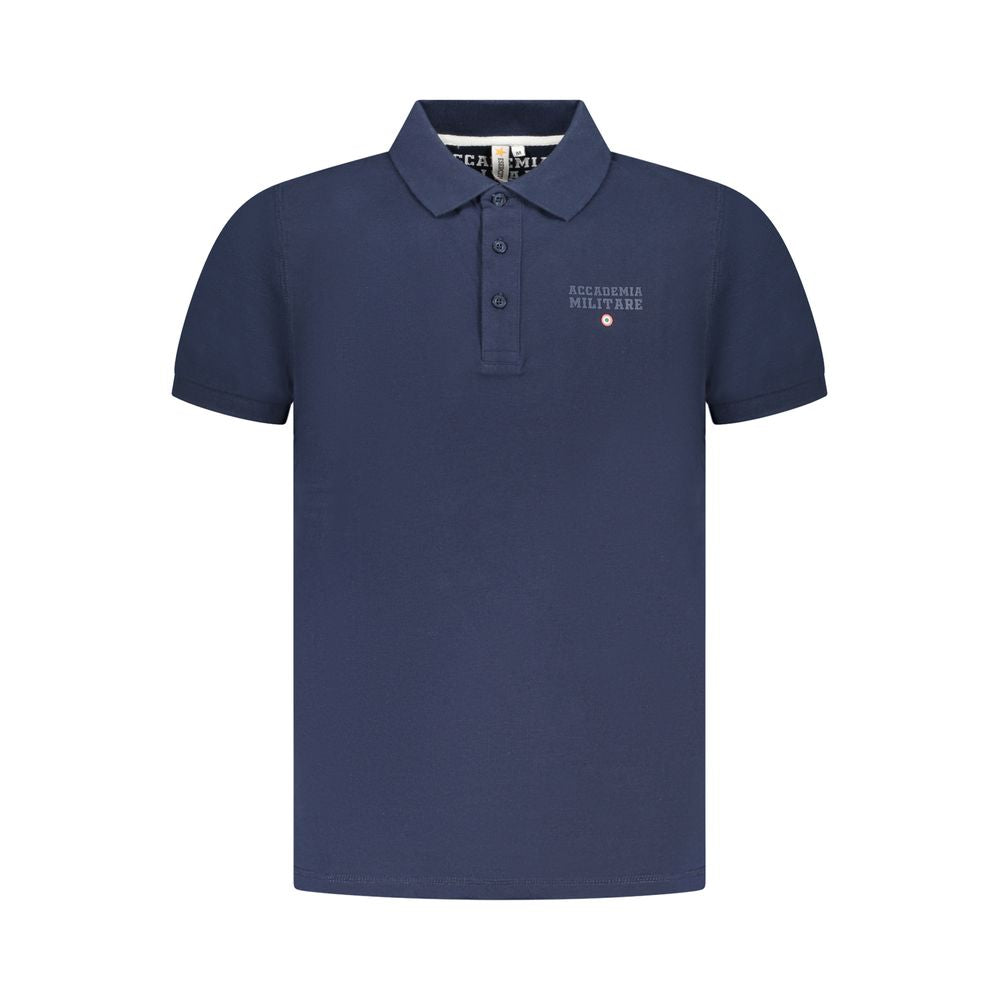 Alt Tag: Accademia Militare Blue Cotton Polo Shirt with short sleeves, three buttons, embroidered logo, and tricolore print design.