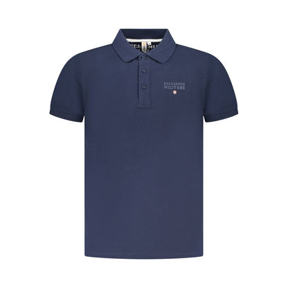 Alt Tag: Accademia Militare Blue Cotton Polo Shirt with short sleeves, three buttons, embroidered logo, and tricolore print design.