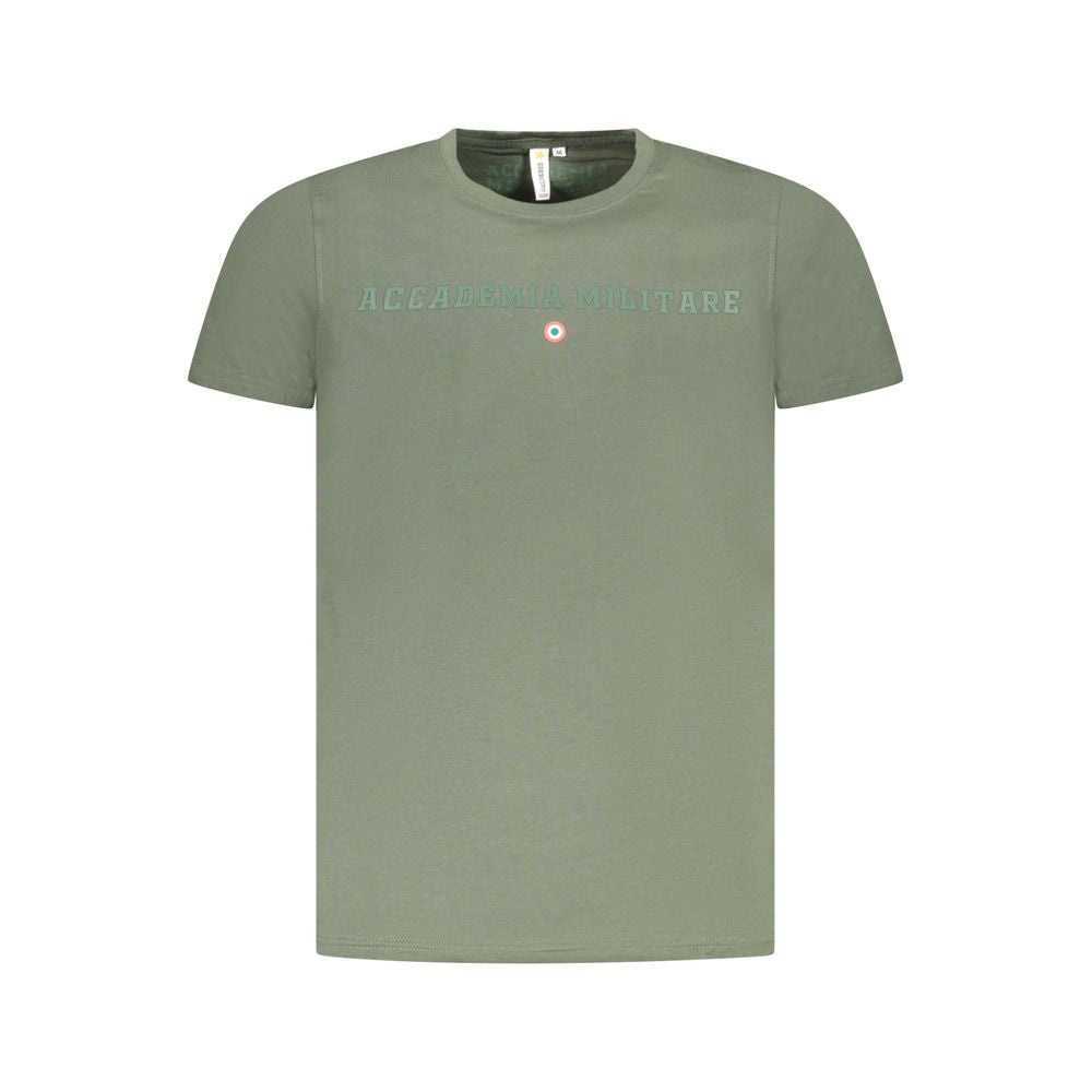 Accademia Militare Green Cotton T-Shirt with Logo and Print, Crew Neck, Short Sleeve