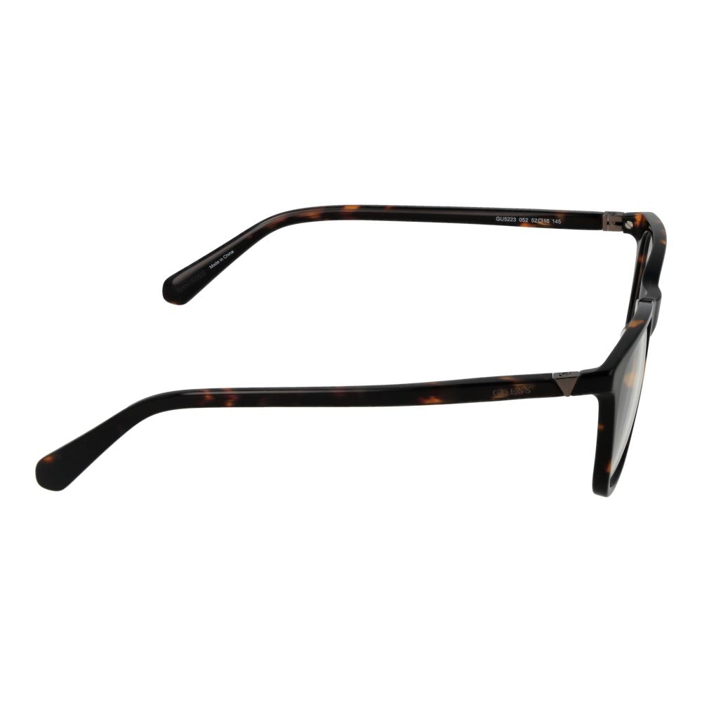 Side view of Guess Brown Unisex Glasses Frame in acetate with full-rim square style, size 52-16-145, includes branded case.