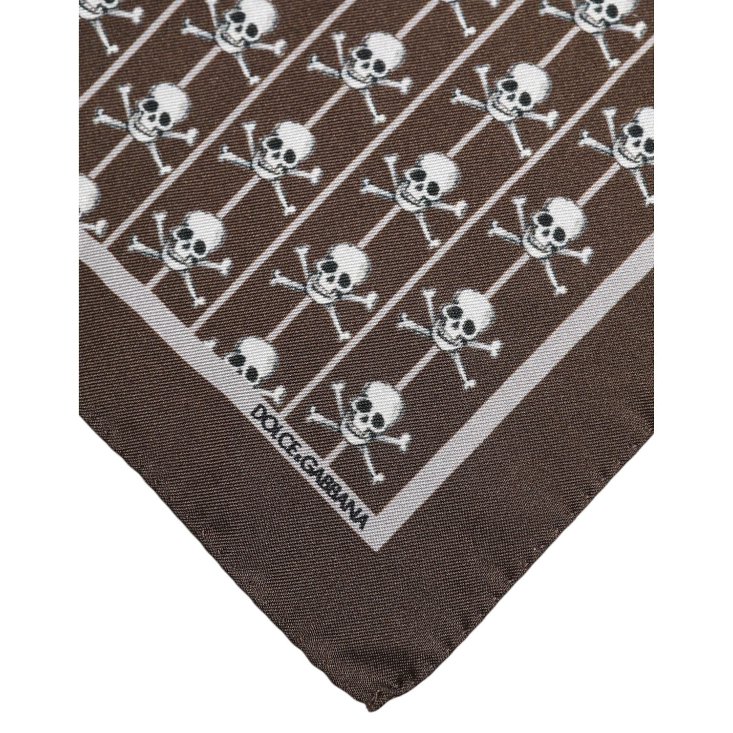 Dolce & Gabbana Brown Skull Silk Square Men Foulard Scarf