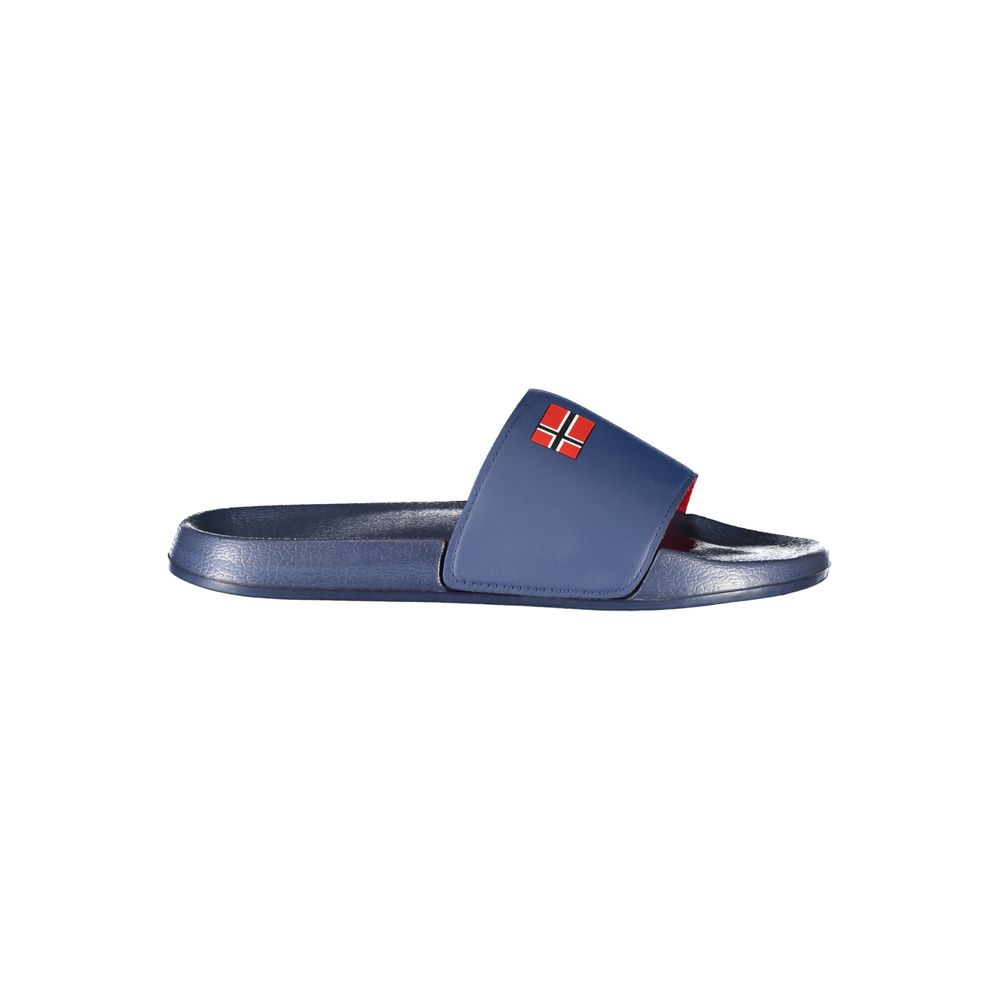 Norway 1963 Blue Plastic Men Sandal with distinctive print and logo, perfect for fashion-forward style and luxury in casual footwear.