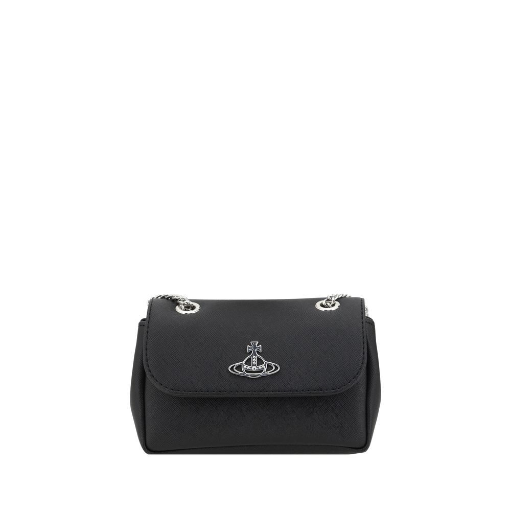 Vivienne Westwood Black Polyethylene Shoulder Bag with chain strap and Orb logo, elegant design with front flap closure.