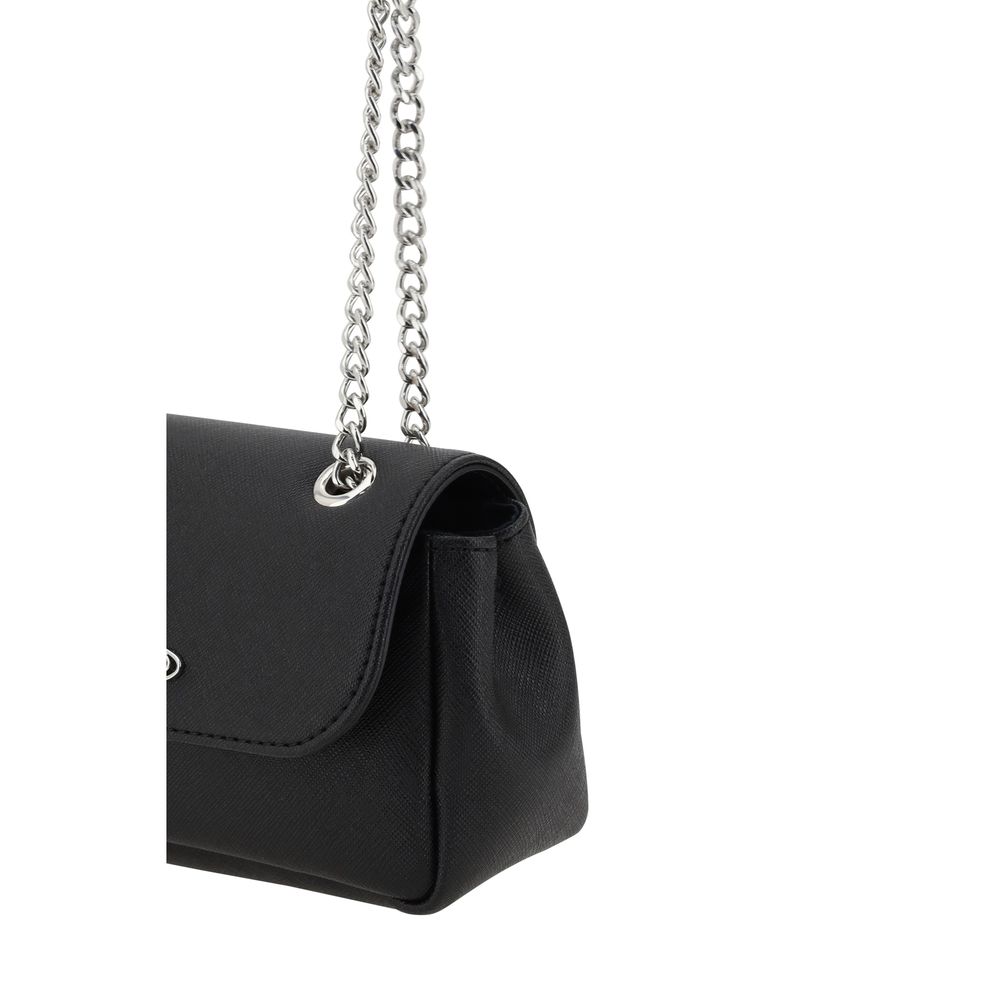 Vivienne Westwood Black Polyethylene Shoulder Bag with chain strap and iconic Orb logo on flap closure.