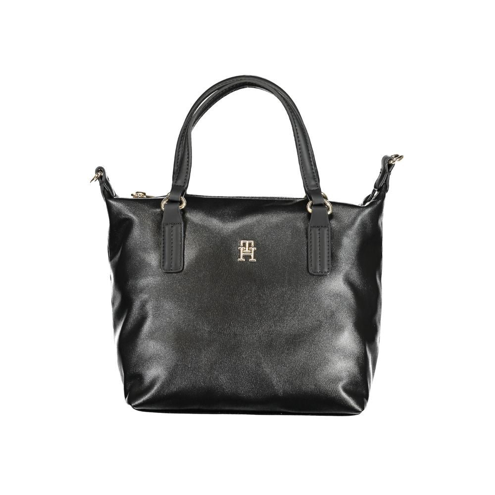 Tommy Hilfiger Black Polyester Handbag with 2 handles, adjustable strap, and internal pocket, featuring logo and zip closure.
