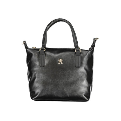 Tommy Hilfiger Black Polyester Handbag with 2 handles, adjustable strap, and internal pocket, featuring logo and zip closure.