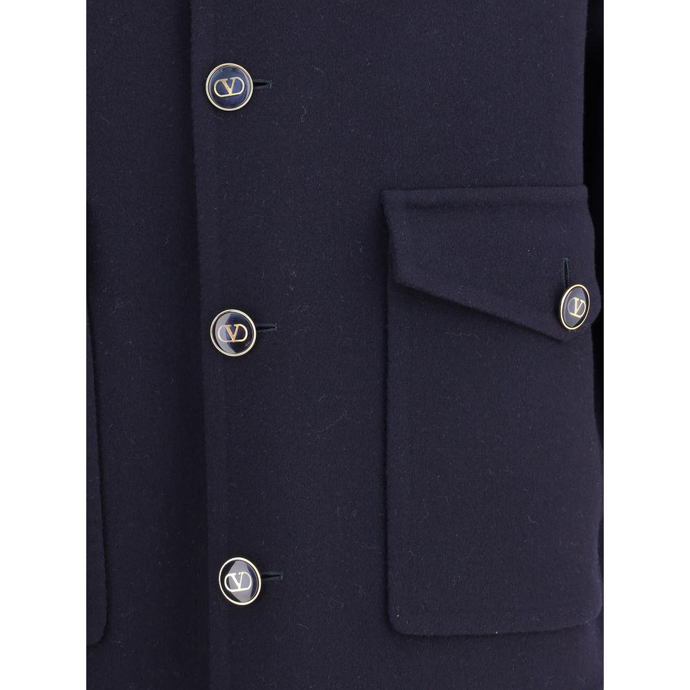Valentino Blue Fleece Wool Coat with classic design featuring button closure and pockets, made of virgin wool and Kashmir for AW25.