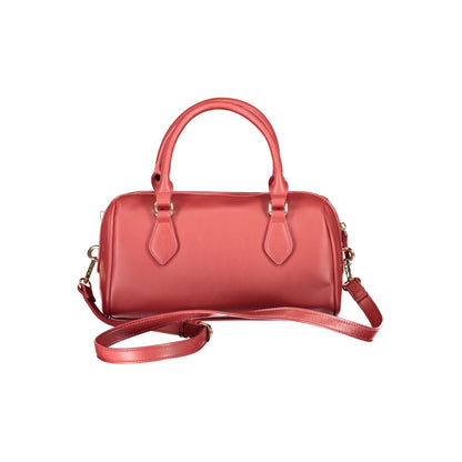 Mario Valentino Red Polyethylene Handbag with two handles, adjustable strap, internal pockets, and zip closure displayed front view.