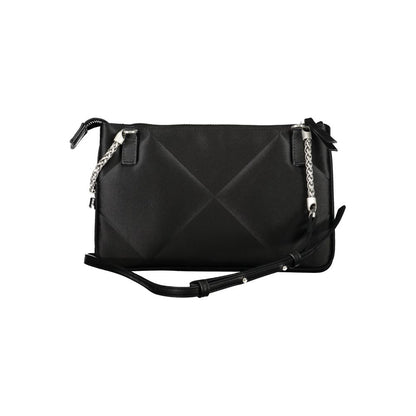 Calvin Klein Black Polyester Handbag with adjustable strap, two compartments, zip closure, and internal card pocket.