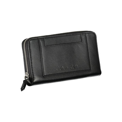 Calvin Klein Black Polyester Wallet with zip closure, 5 compartments, coin purse, card spaces, contrasting details, and external pocket.