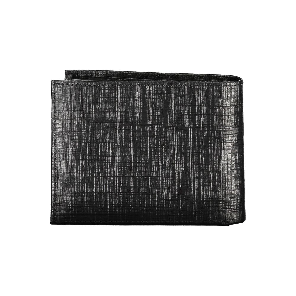 Calvin Klein Black Leather Wallet with RFID blocking, coin purse, card spaces, contrast details, and logo branding.