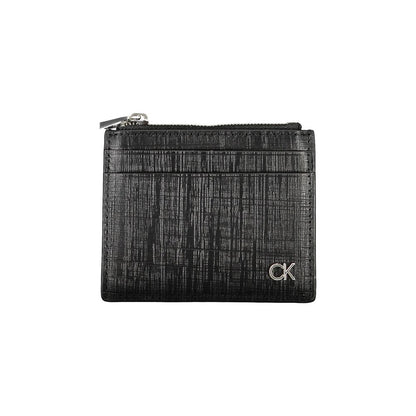 Calvin Klein Black Leather Wallet with card holder, central pocket, zip closure, and logo design.